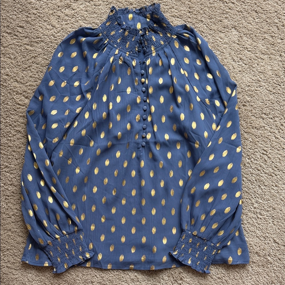Womens Navy Blue Blouse with Gold Dot Accents